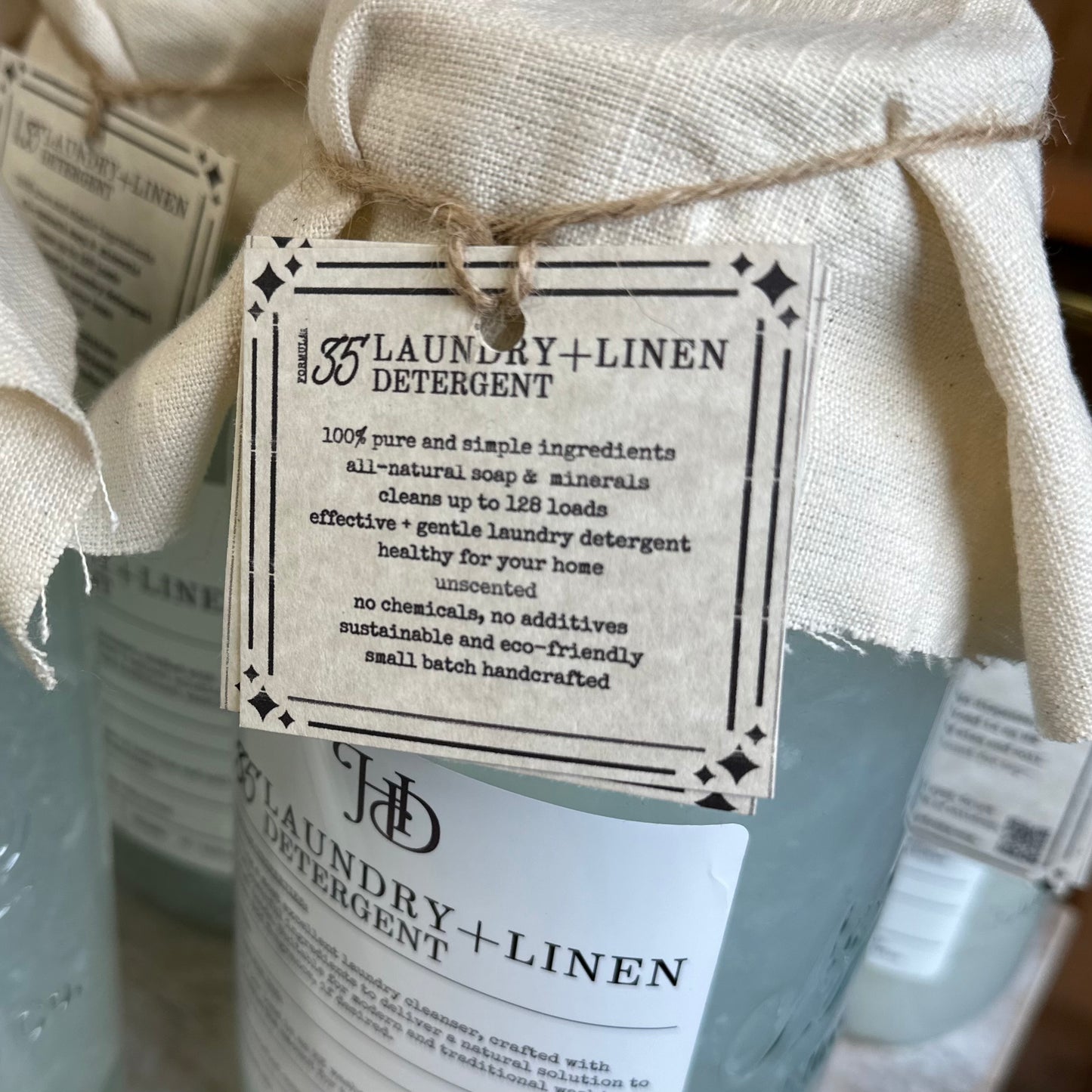 laundry and linen detergent tag, pure and simple ingredients, effective and gentle, unscented, no chemicals, synthetics or additives