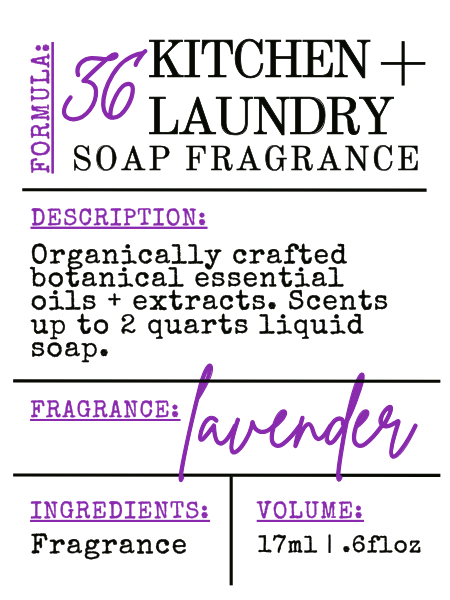 Label for kitchen and laundry soap fragrance with lavender scent, organic ingredients, and volume details.