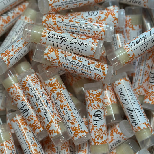 orange creme lip balm pile