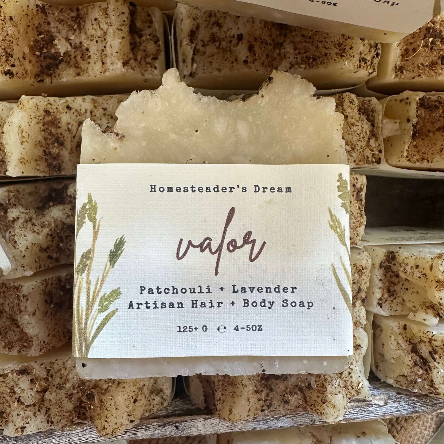 Valor Bar of soap with a label wrap in a wooden box