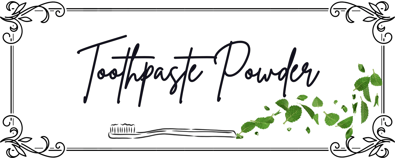 toothpaste powder banner with mint leaves and scroll border
