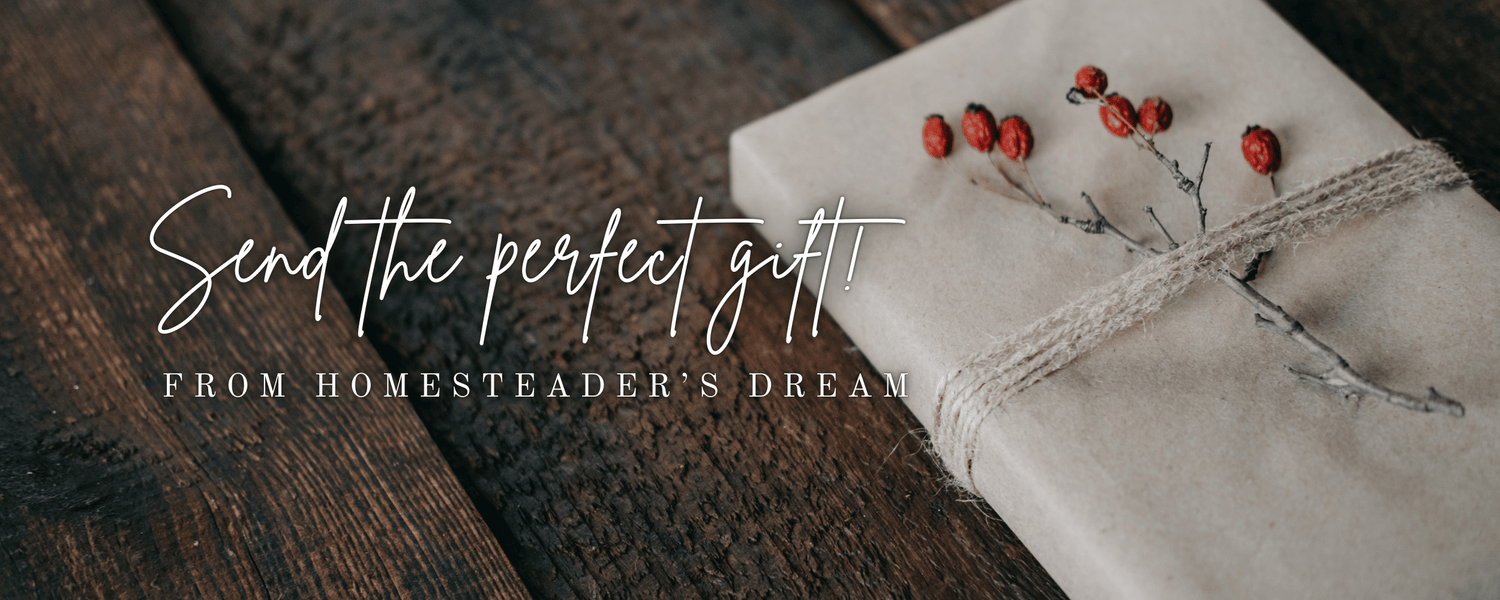 gift wrapped in brown paper and tied with string on a wooden table with text, 'send the perfect gift with homesteader's dream'