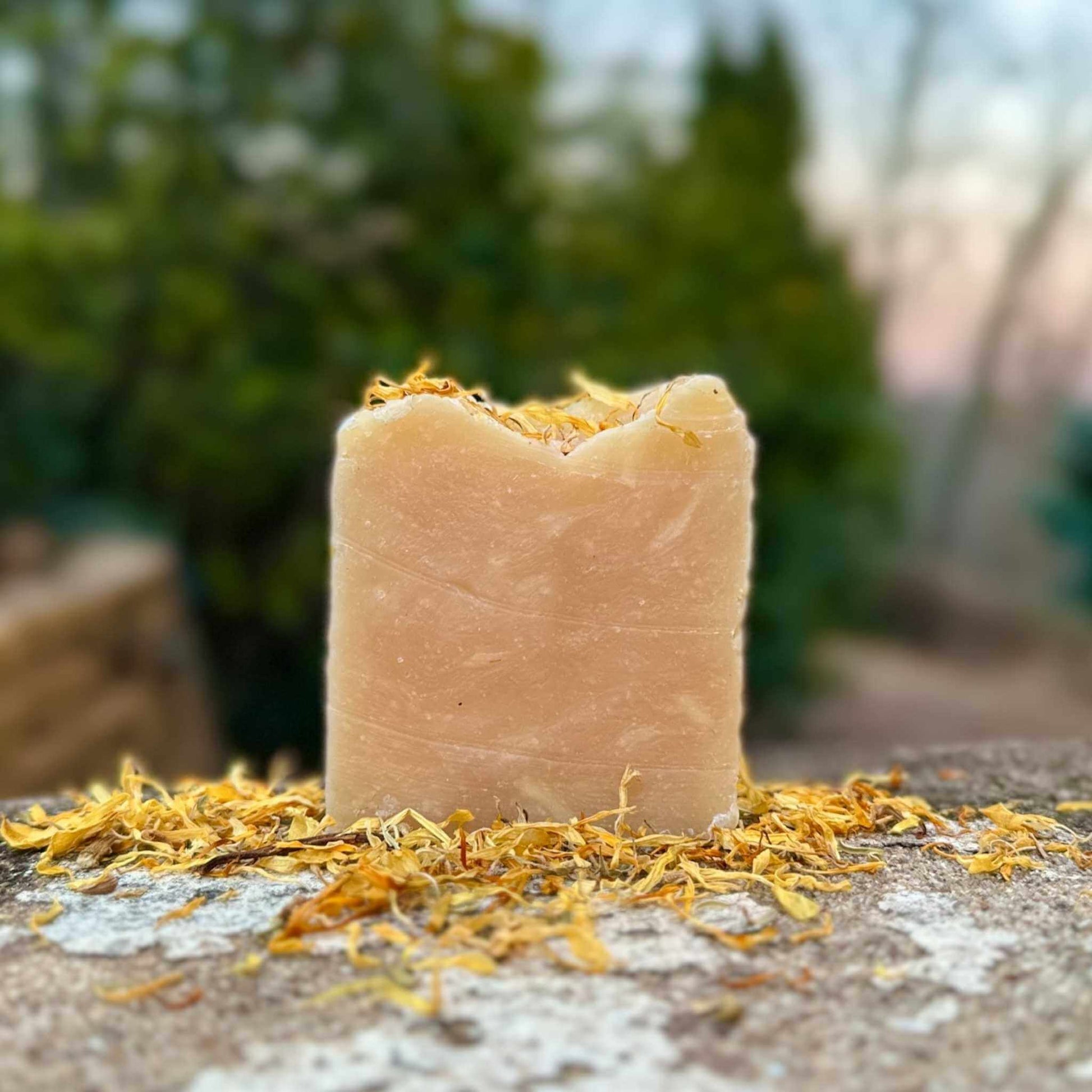 Bar of soap with yellow herbs on a stone surface with a natural background