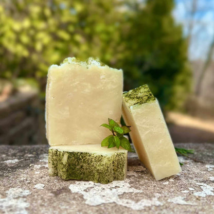 Two bars of soap with greenery on a natural stone surface with a blurred natural background