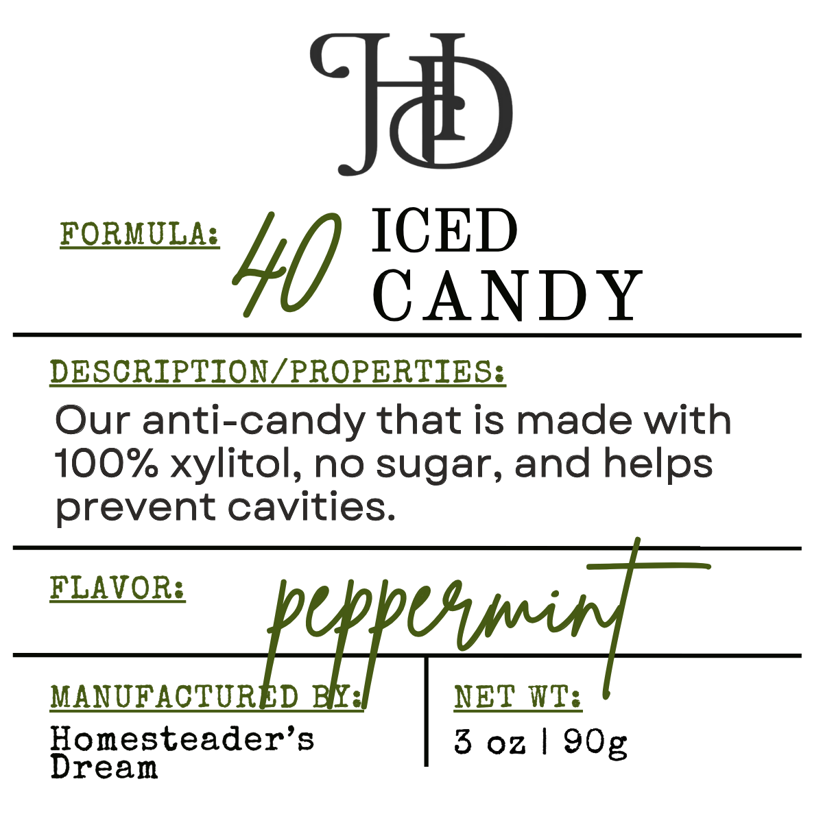 Label for '40 ICED CANDY' with details about ingredients, flavor, and brand.