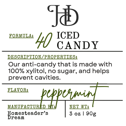 Label for '40 ICED CANDY' with details about ingredients, flavor, and brand.