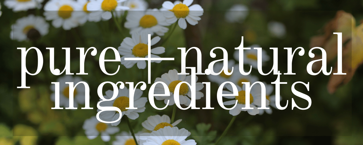 Text 'pure+natural ingredients' over a background of daisies