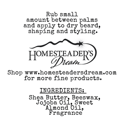 Instructions for using beard balmwith 'Homesteader's Dream' branding and product ingredients listed.