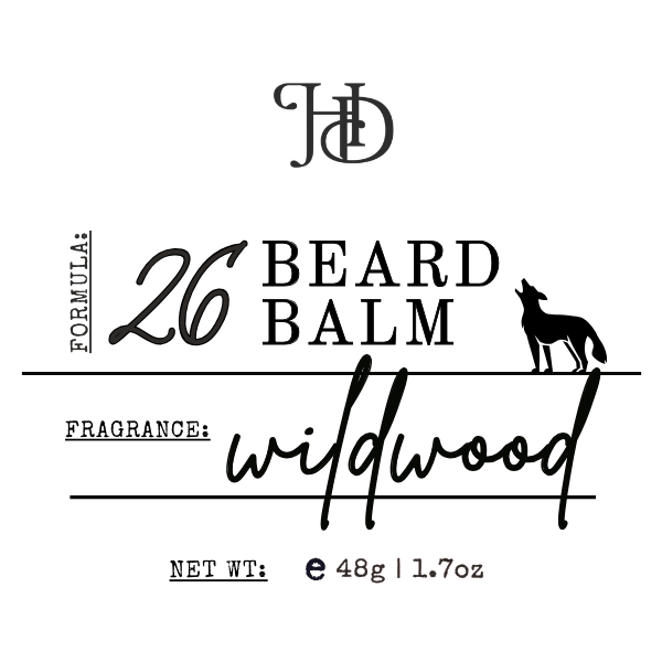 Beard balm label with 'HD' logo and product details on a white background