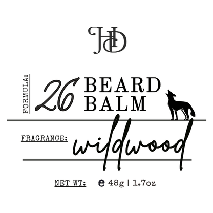 Beard balm label with 'HD' logo and product details on a white background