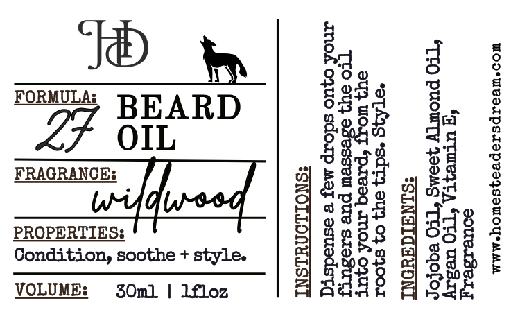 Label for HD Beard Oil with branding, product details, and instructions.
