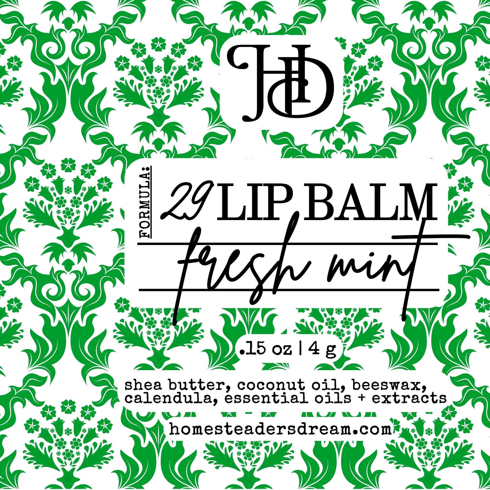 fresh mint Lip balm packaging with green floral pattern and 'HD' branding