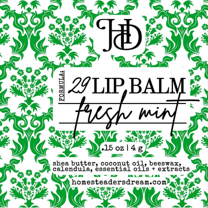 fresh mint Lip balm packaging with green floral pattern and 'HD' branding