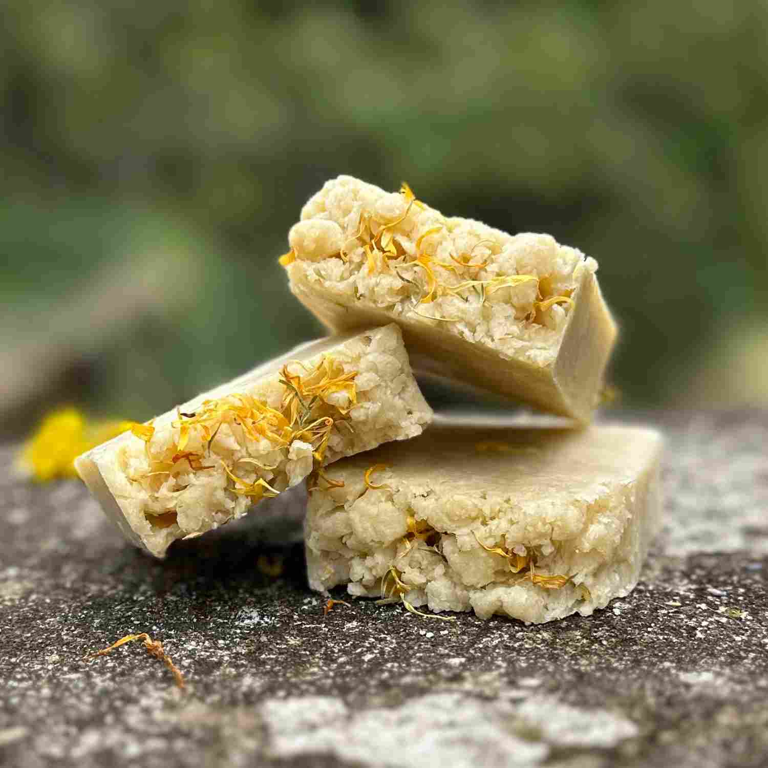 jasmine flora soap trio up close with blurred green background