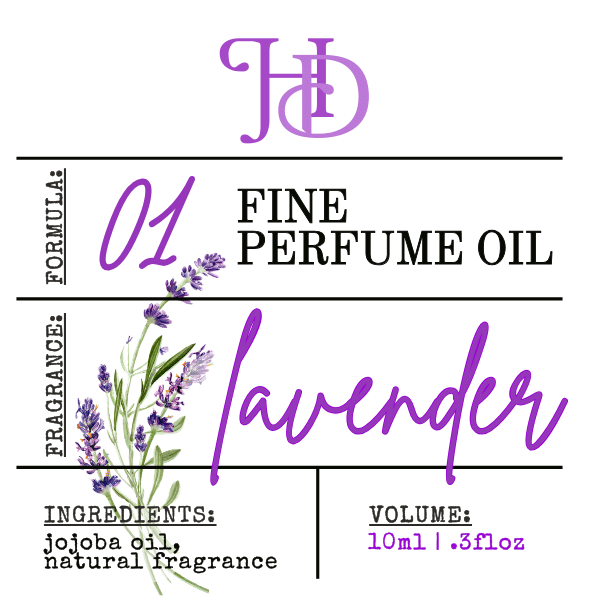 Label for lavender fine perfume oil with branding and product details.