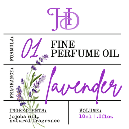 Label for lavender fine perfume oil with branding and product details.