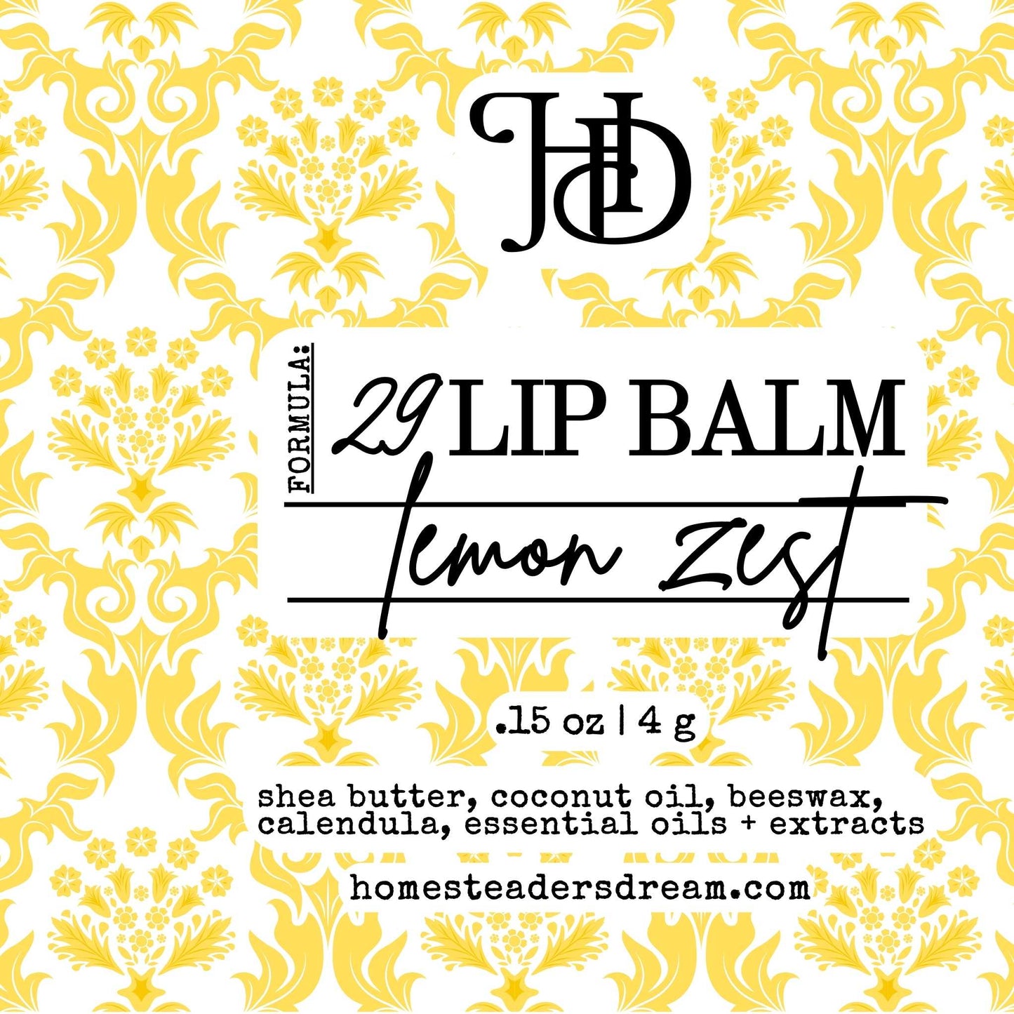 Lip balm packaging with lemon zest flavor on a decorative yellow and white background.