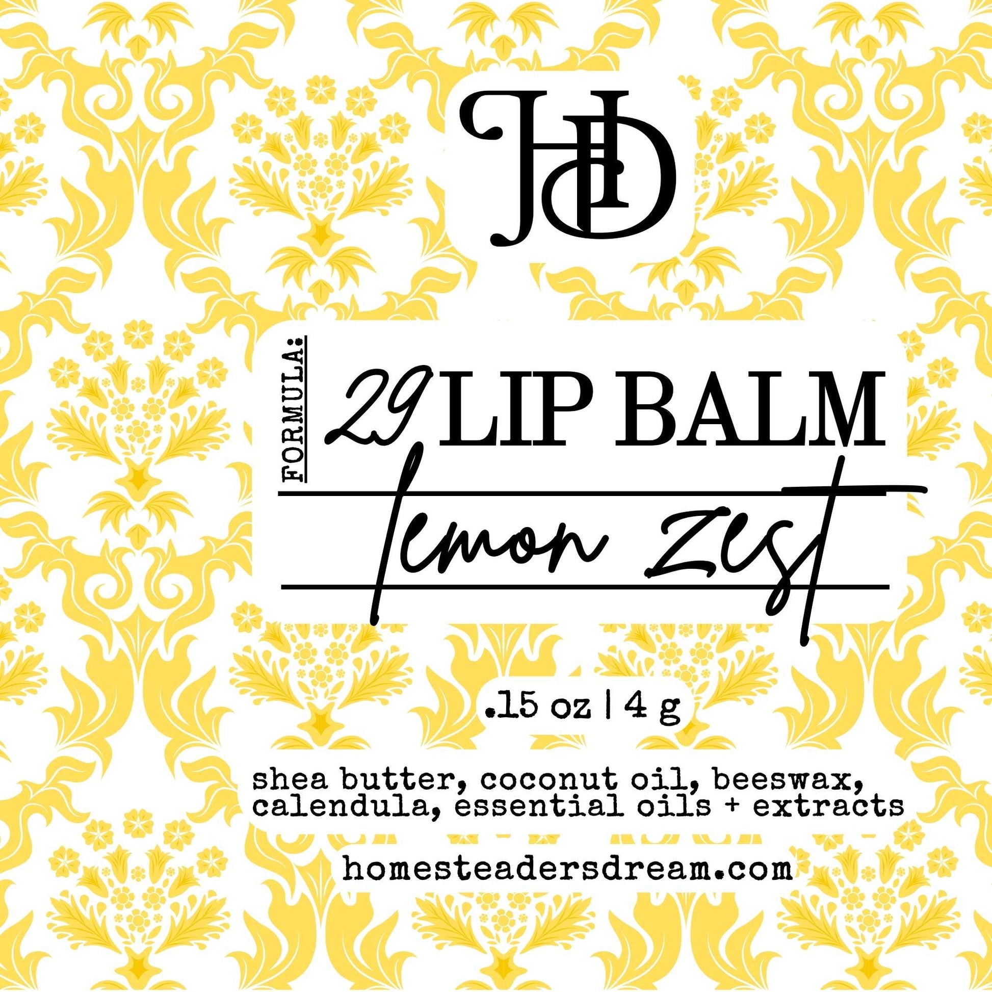 Lip balm packaging with lemon zest flavor on a decorative yellow and white background.