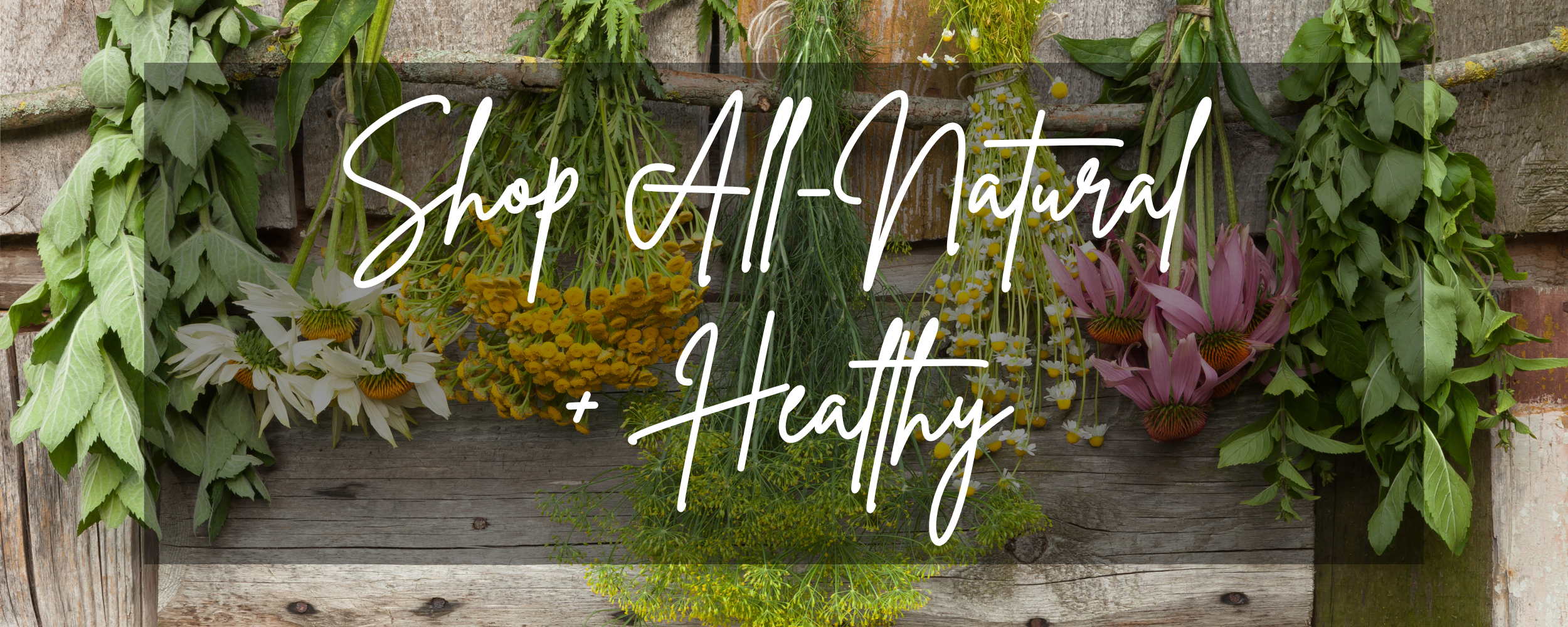 fresh herbs hanging on wooden wall, 'shop all-natural and healthy' words