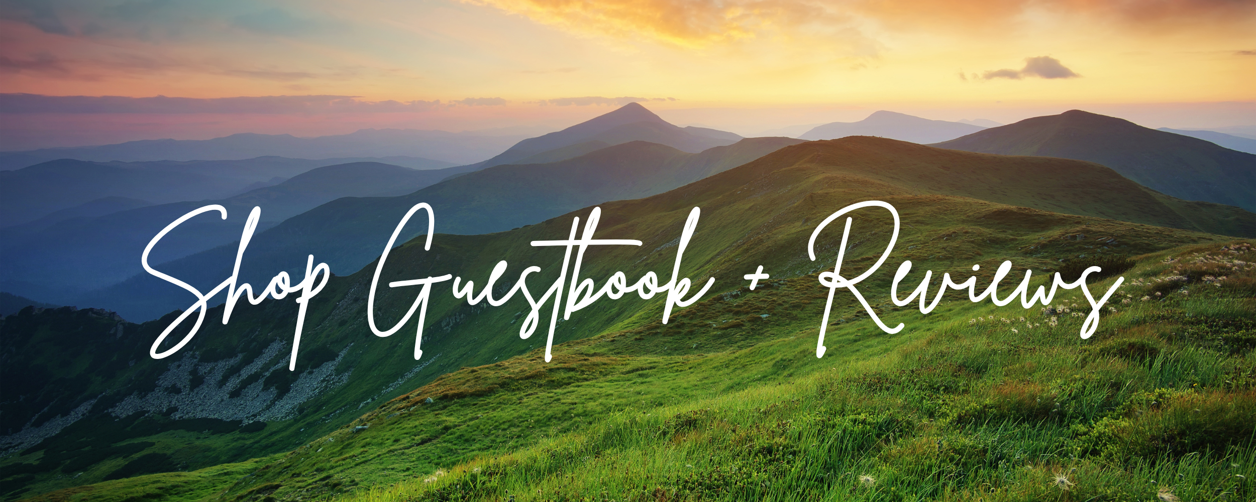 'shop guestbook and reviews' words over mountain and green field