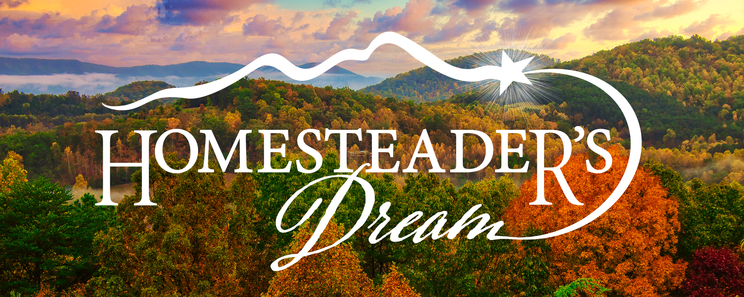 Scenic landscape with 'Homesteader's Dream' logo overlay