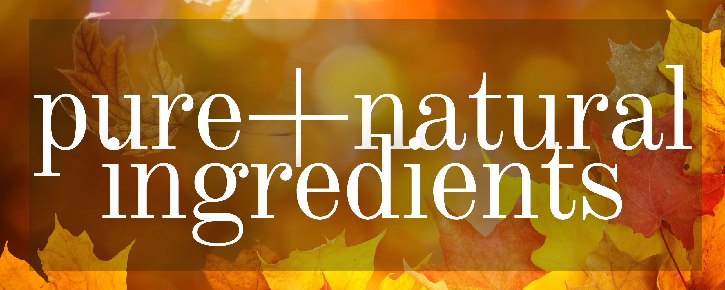 Text 'pure + natural ingredients' over a background of autumn leaves.
