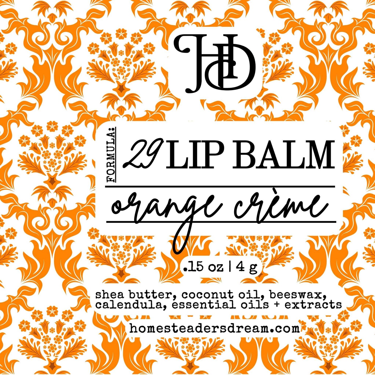 Orange creme lip balm packaging with orange and white floral pattern and 'HD' branding.