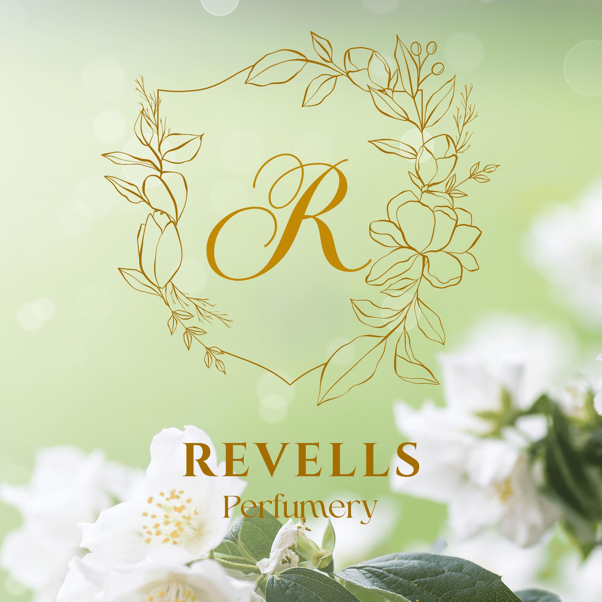 Revells Perfumery logo with floral design on a light green background
