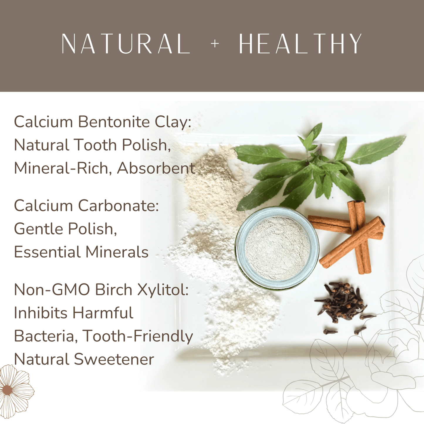 Ingredients for a natural tooth polish with calcium bentonite clay, calcium carbonate, and non-GMO birch xylitol on a white background.