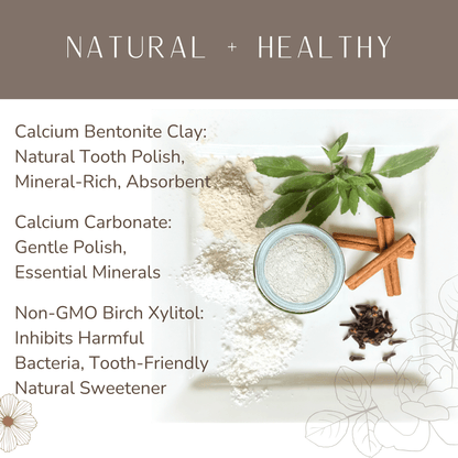 Ingredients for a natural tooth polish with calcium bentonite clay, calcium carbonate, and non-GMO birch xylitol on a white background.