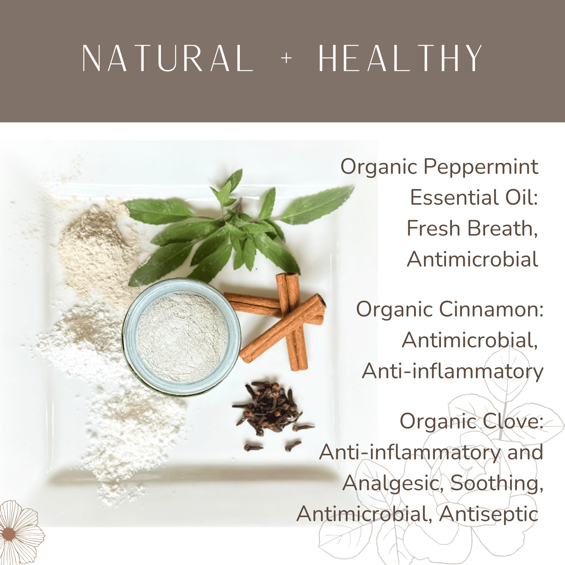 Organic peppermint essential oil, cinnamon sticks, and cloves with their health benefits on a white background.