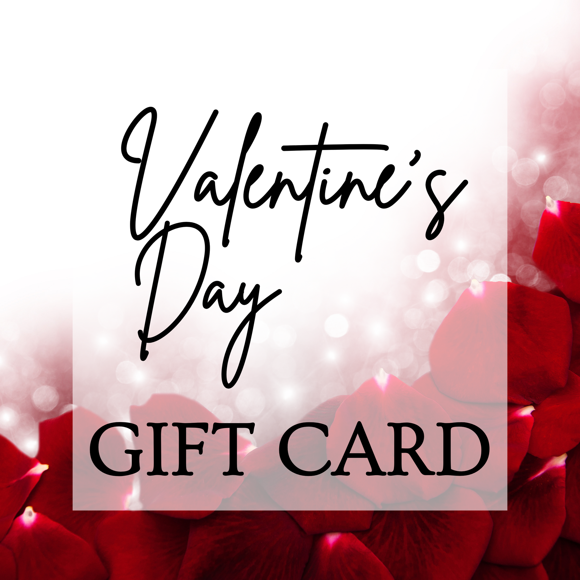 Valentine's gift card with red rose petals and sparkling white lights in background