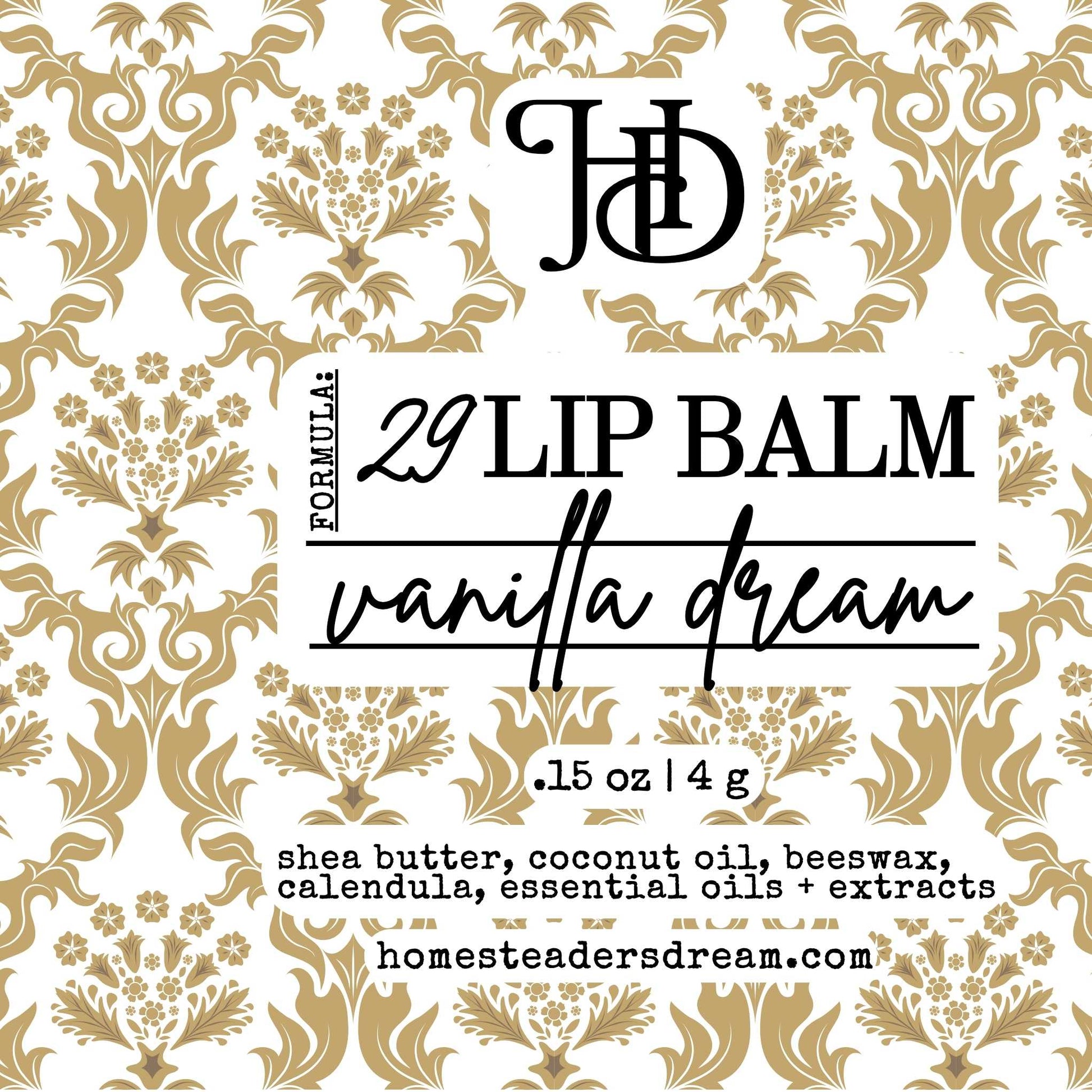 Vanilla lip balm packaging with decorative gold pattern and 'HD' logo