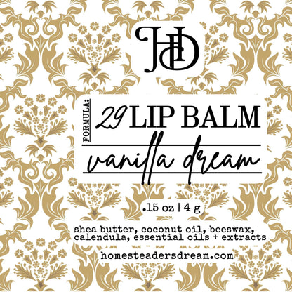 Vanilla lip balm packaging with decorative gold pattern and 'HD' logo