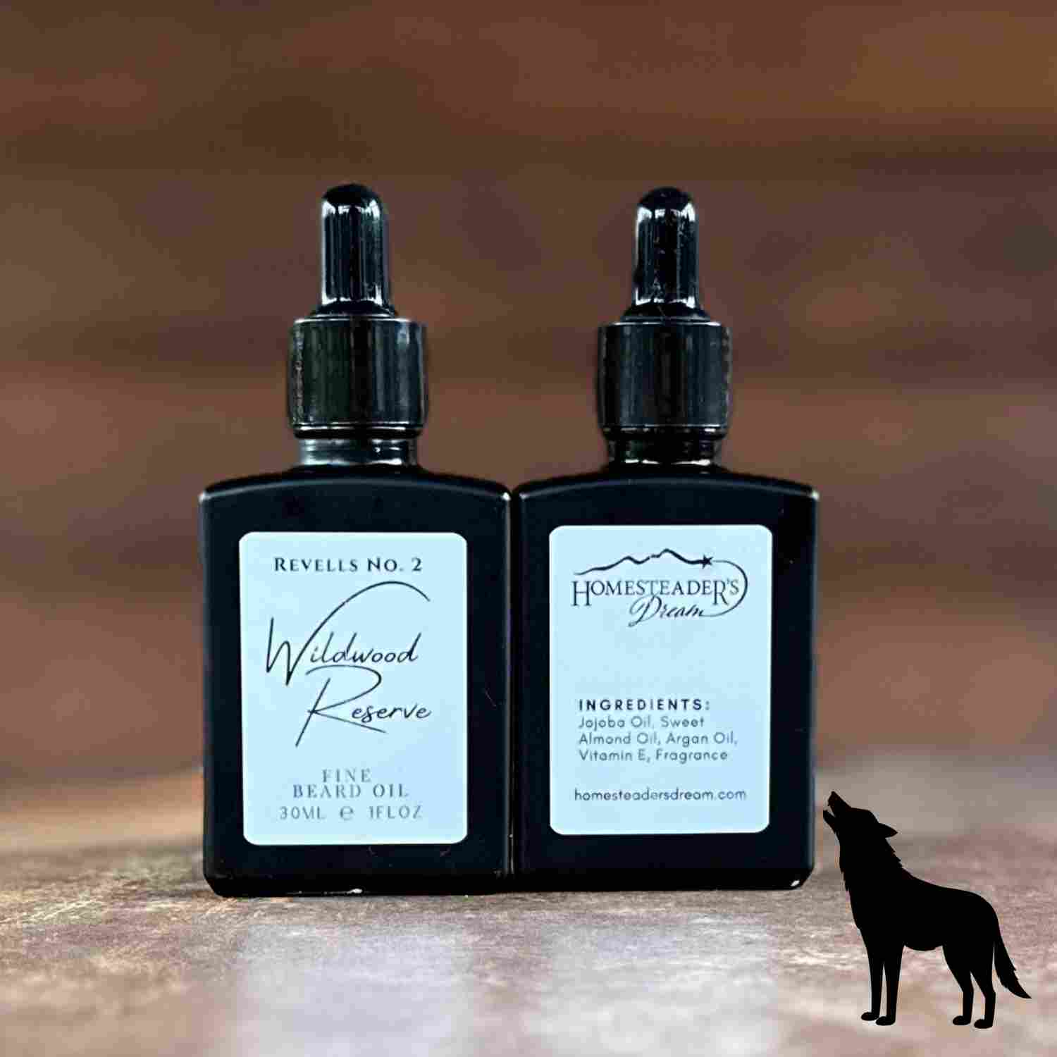 Wildwood Reserve Beard Oil Front and Back Label on 1oz black glass dropper bottle