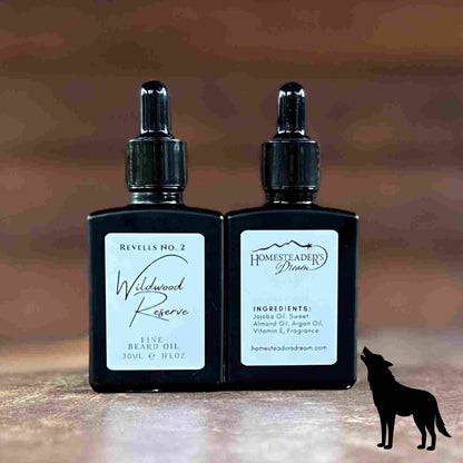 Wildwood Reserve Beard Oil Front and Back Label on 1oz black glass dropper bottle