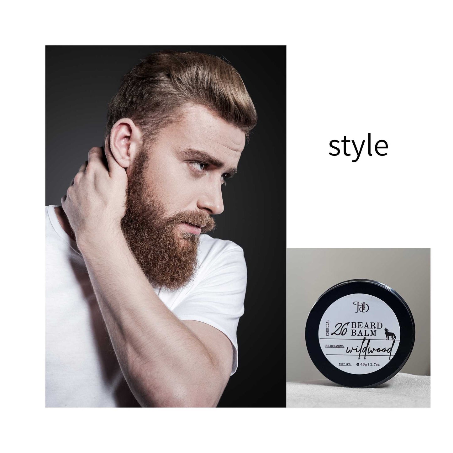 Man with styled beard and a jar of HD wildwood beard balm.