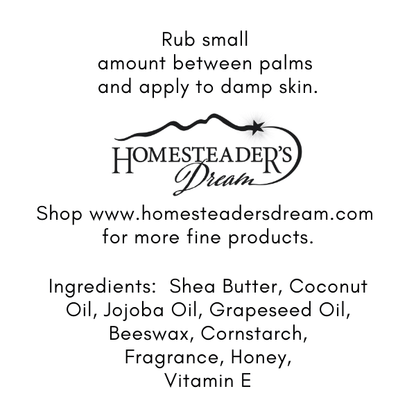 Instructions for use for body butter with Homesteader's Dream branding and product details.