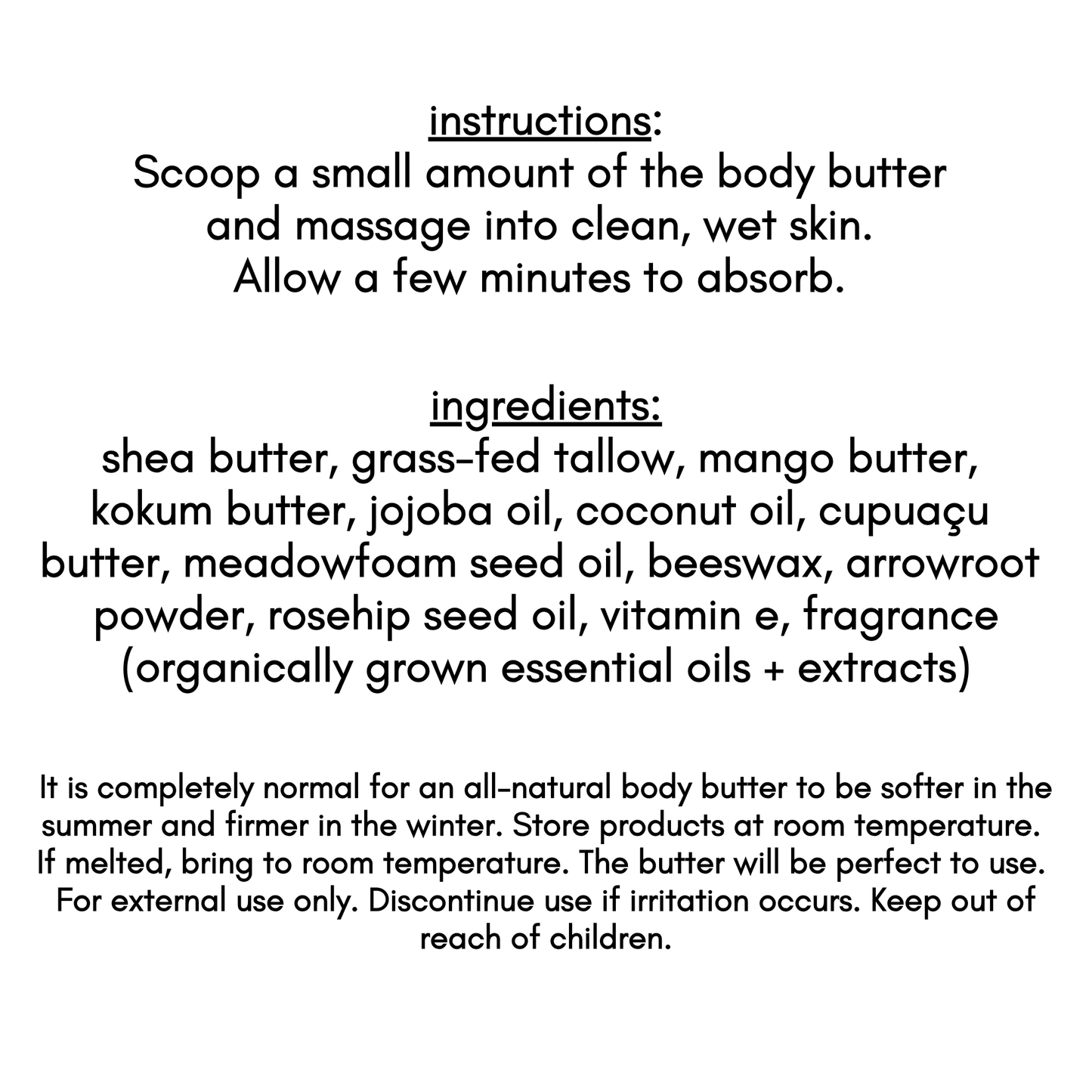 instructions and ingredients for natural body butter including tallow, 4 butters,  and 5 oils