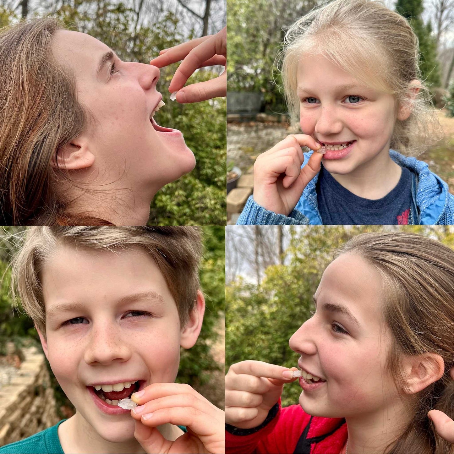 Collage of four children eating xylitol peppermint candy, with a natural outdoor background.