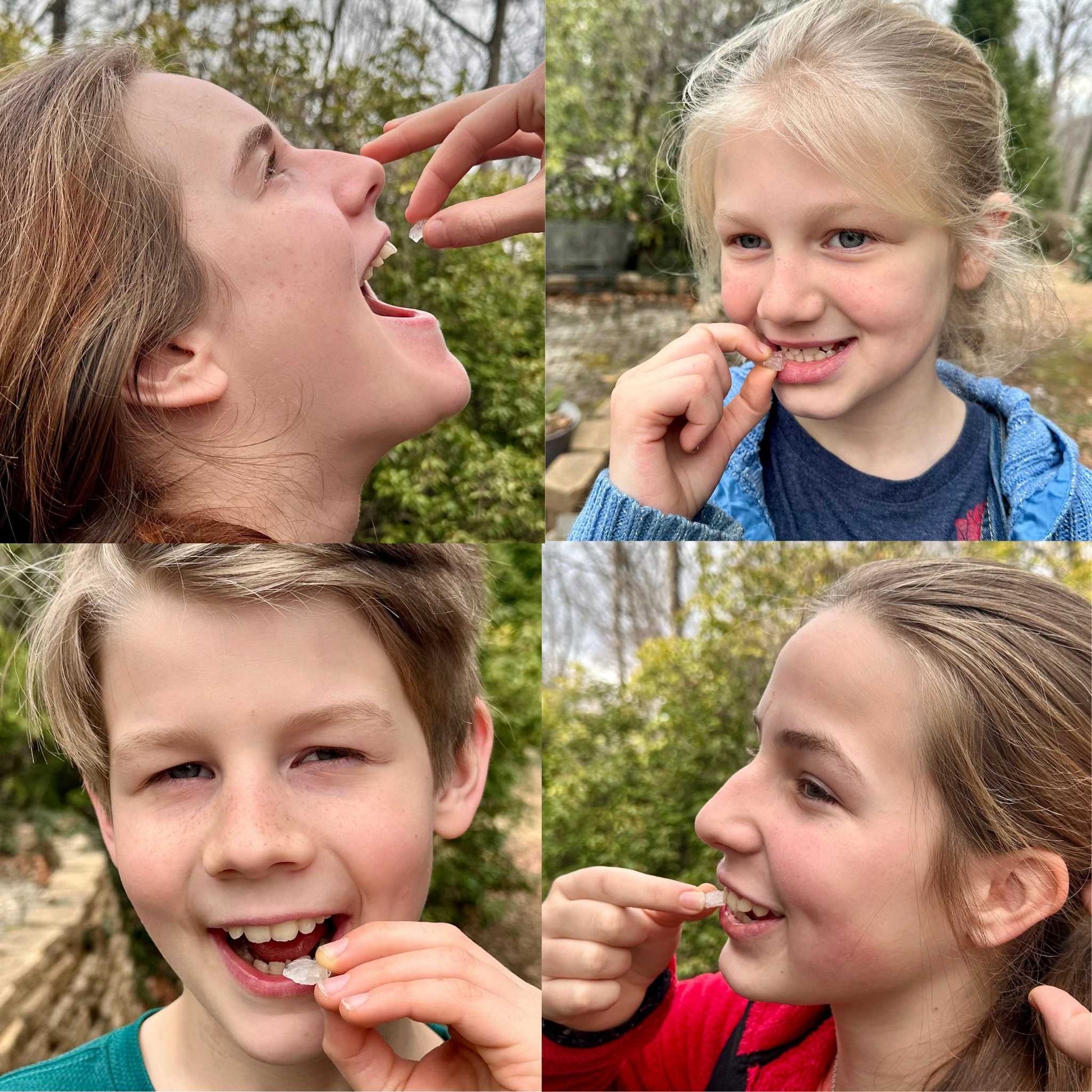 Collage of four children eating xylitol peppermint candy, with a natural outdoor background.