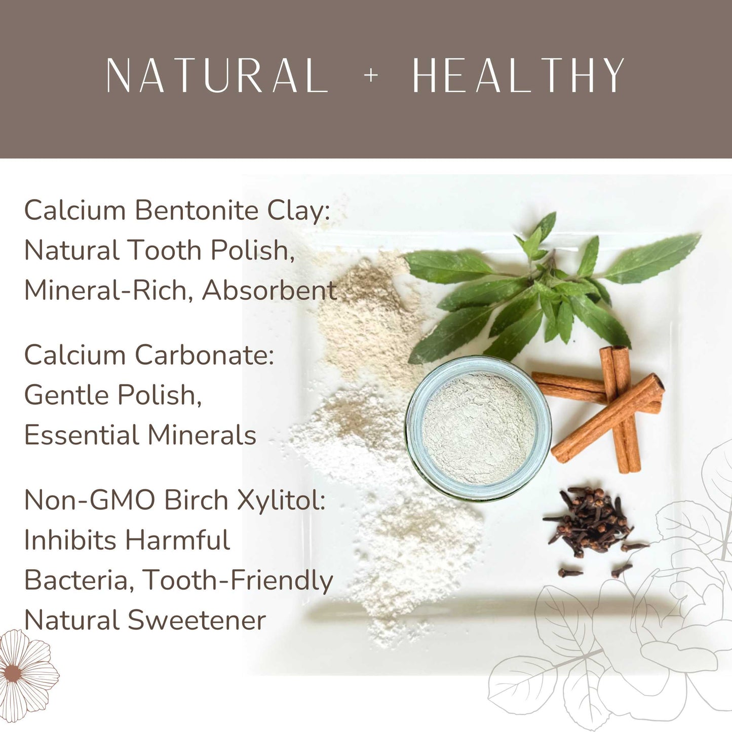 Ingredients for a natural tooth polish with calcium bentonite clay, calcium carbonate, and non-GMO birch xylitol on a white background.