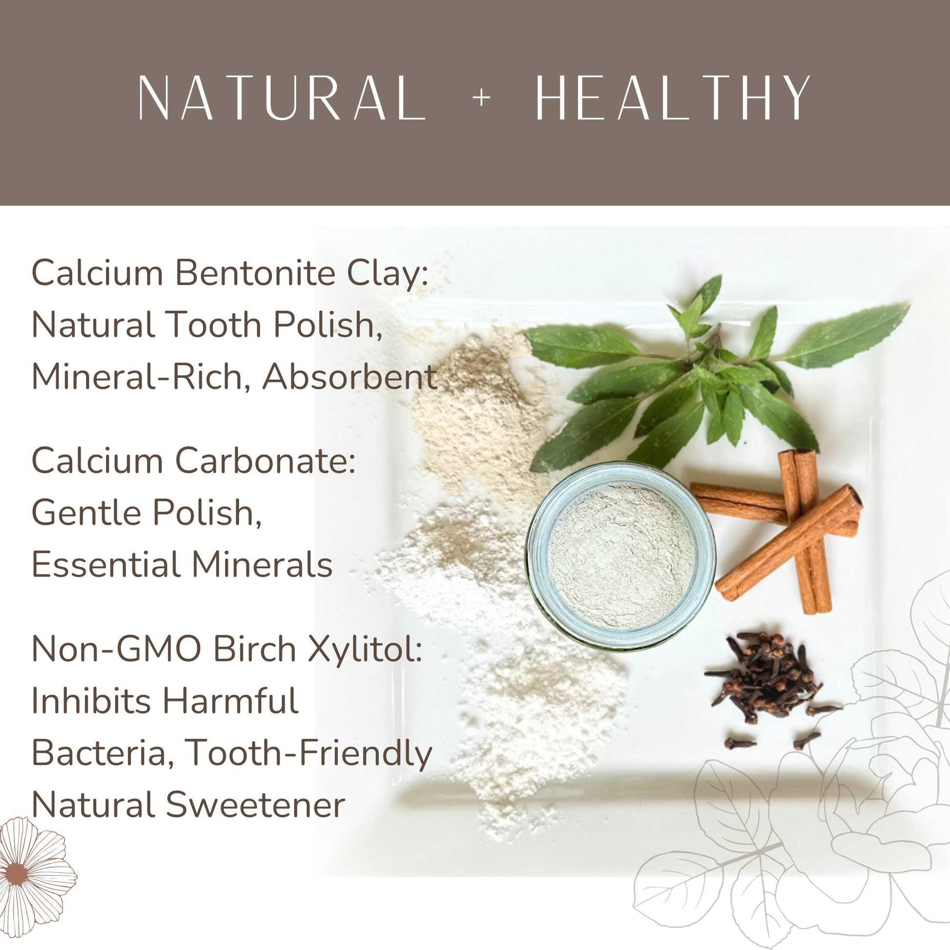 Ingredients for a natural tooth polish with calcium bentonite clay, calcium carbonate, and non-GMO birch xylitol on a white background.