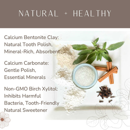 Ingredients for a natural tooth polish with calcium bentonite clay, calcium carbonate, and non-GMO birch xylitol on a white background.