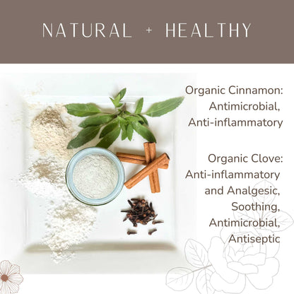 Organic cinnamon sticks, cloves, and a bowl of toothpaste powder on a white background with text about their health benefits.