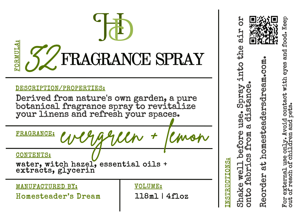 Fragrance spray label with product details and branding