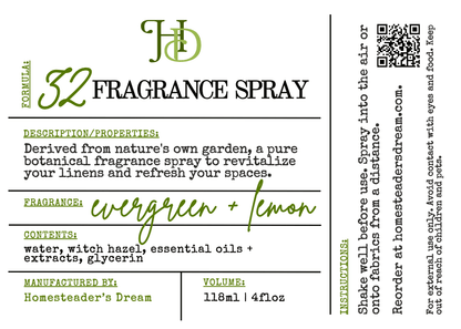 Fragrance spray label with product details and branding