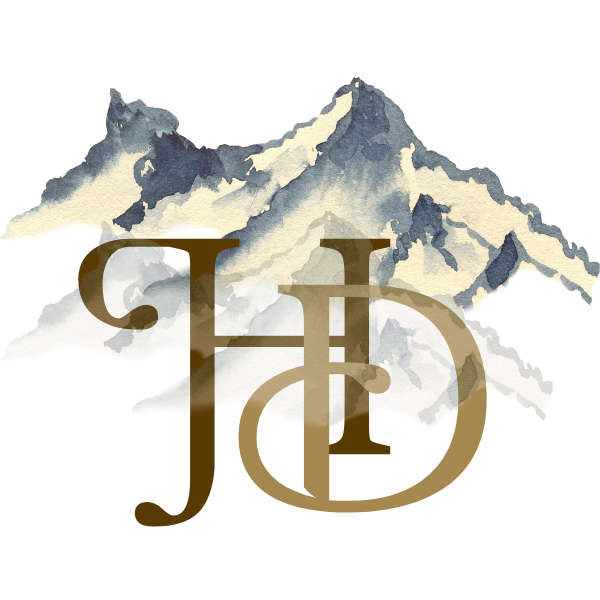 Logo with mountains and initials 'HD' on a clear background