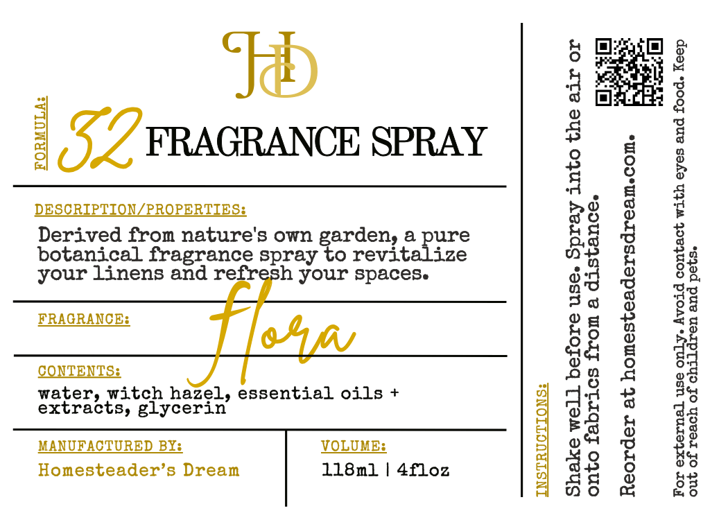 Fragrance spray label with product details and branding
