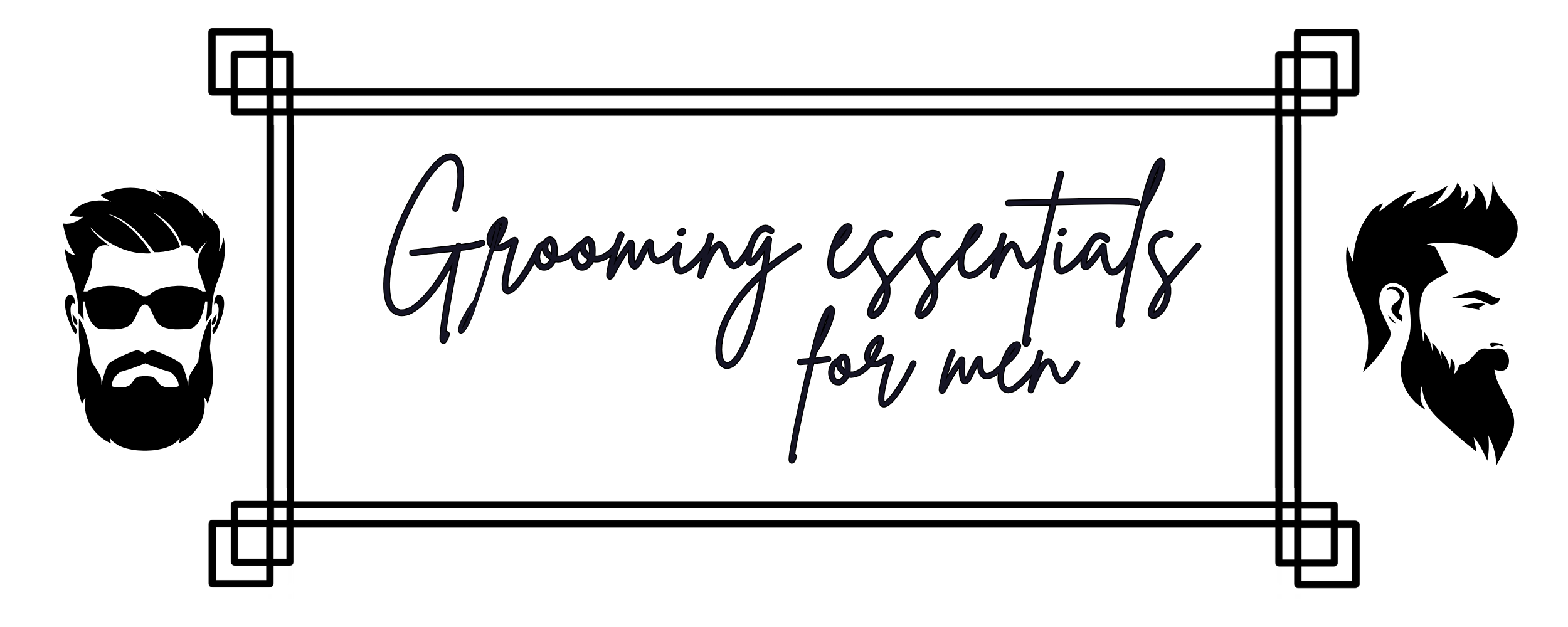 Grooming essentials for men logo with framed text and side profiles of bearded men.